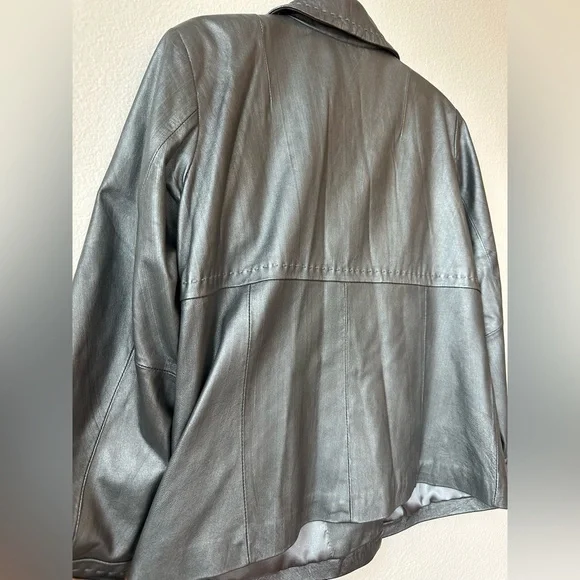 Chico’s Silver Shimmer Leather Collared Short Peacoat Jacket Coat Size 2 - Picture 6 of 9